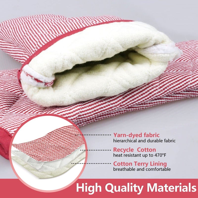 RED LMLDETA 1 Pair Yarn Dyed Oven Mitts 100% Cotton Heat Resistant 470 Degree Gloves Men Women Cooking Baking Barbecue BBQ Microwave Crafting Machine Washable Pot Holders Mittens (red2) - Image 3